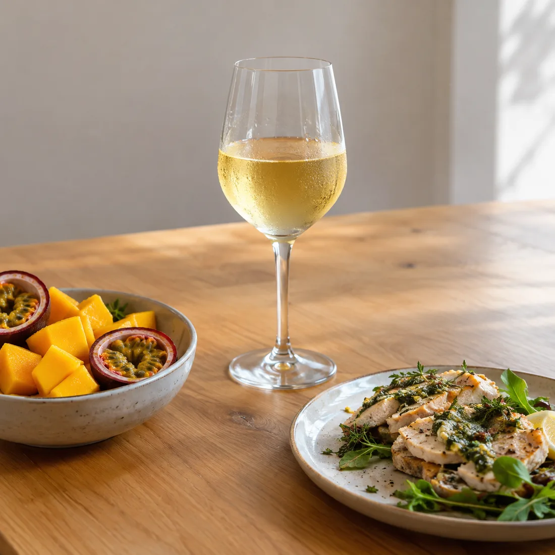 Ein Glas Weißwein, daneben eine Schale mit Mango und halbierten Maracujas