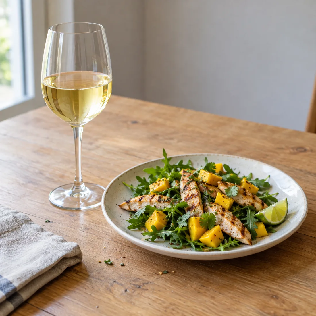Ein Glas Weißwein neben einem Salat mit gegrilltem Hähnchen, Mango und Limette auf einem Holztisch