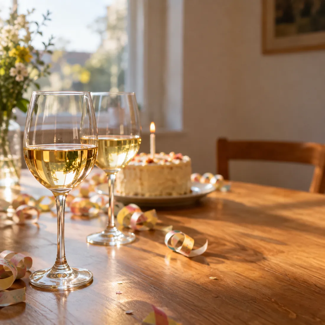 Zwei Gläser Weißwein auf einem Holztisch, dahinter ein kleiner Kuchen mit Kerze und Luftschlangen